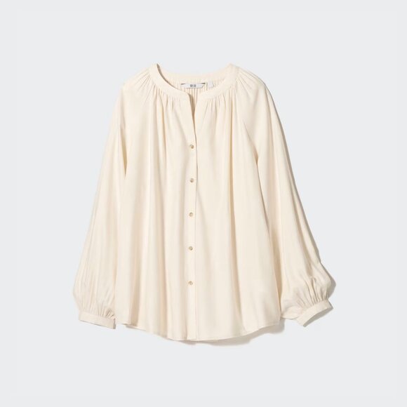 Uniqlo Cream Button-Up Soft Flannel Gathered Blouse - Picture 1 of 3